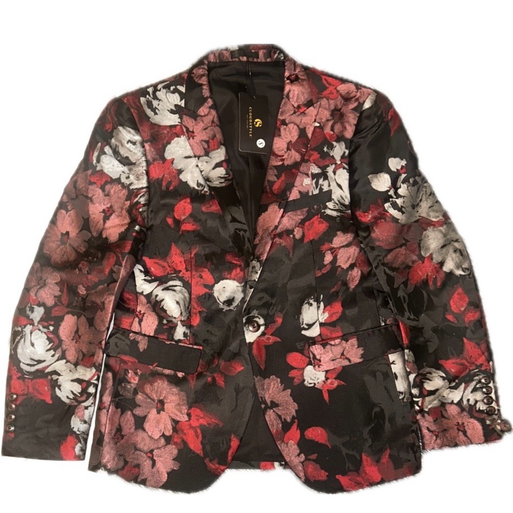 🆕 Cloudstyle Sz S Men’s Red Silver and Black Floral Blazer & Matching Vest - Picture 3 of 8